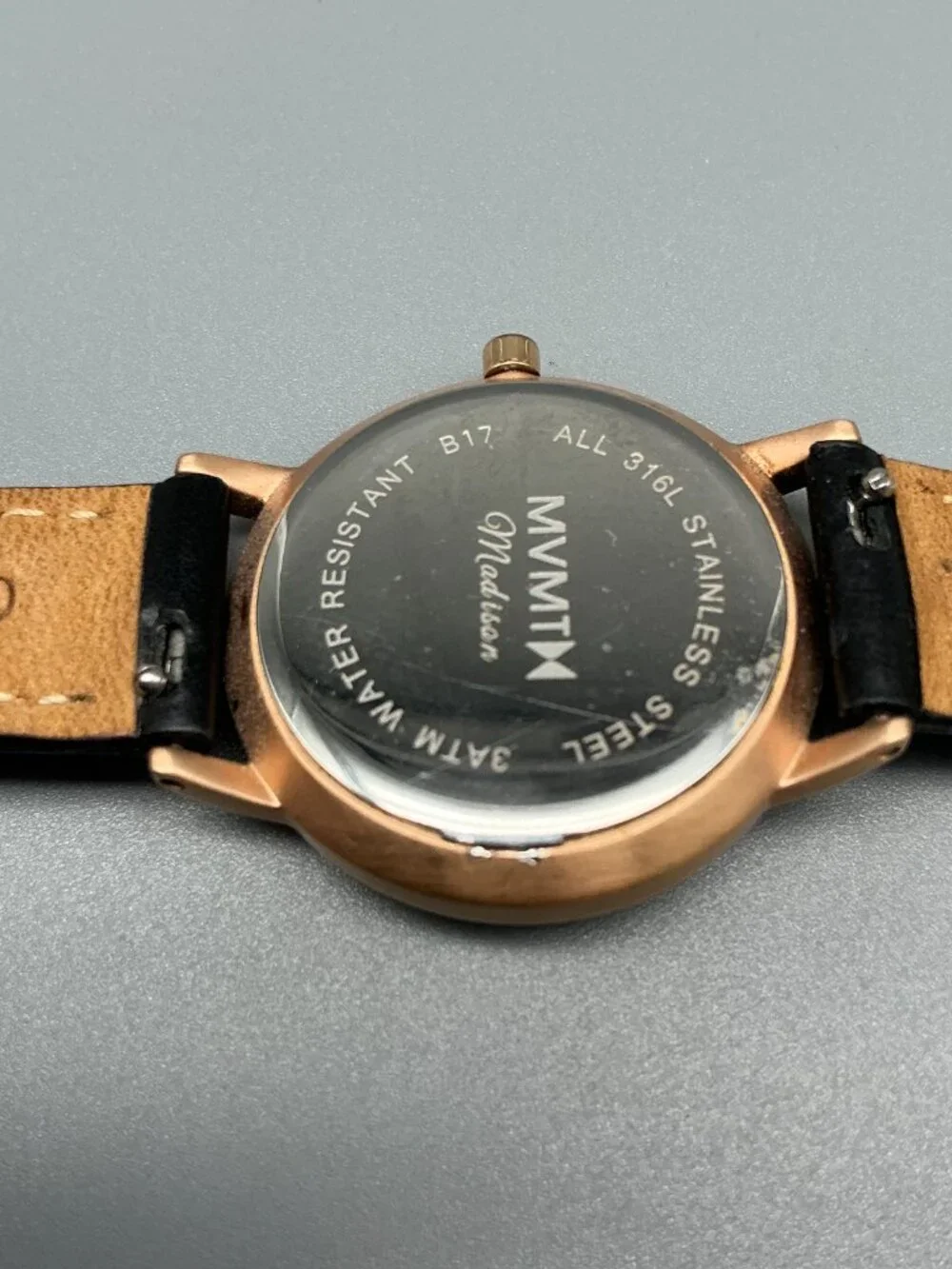 MVMT Madison Avenue Womens Watch 28mm Gold Tone Black Leather Band New Battery